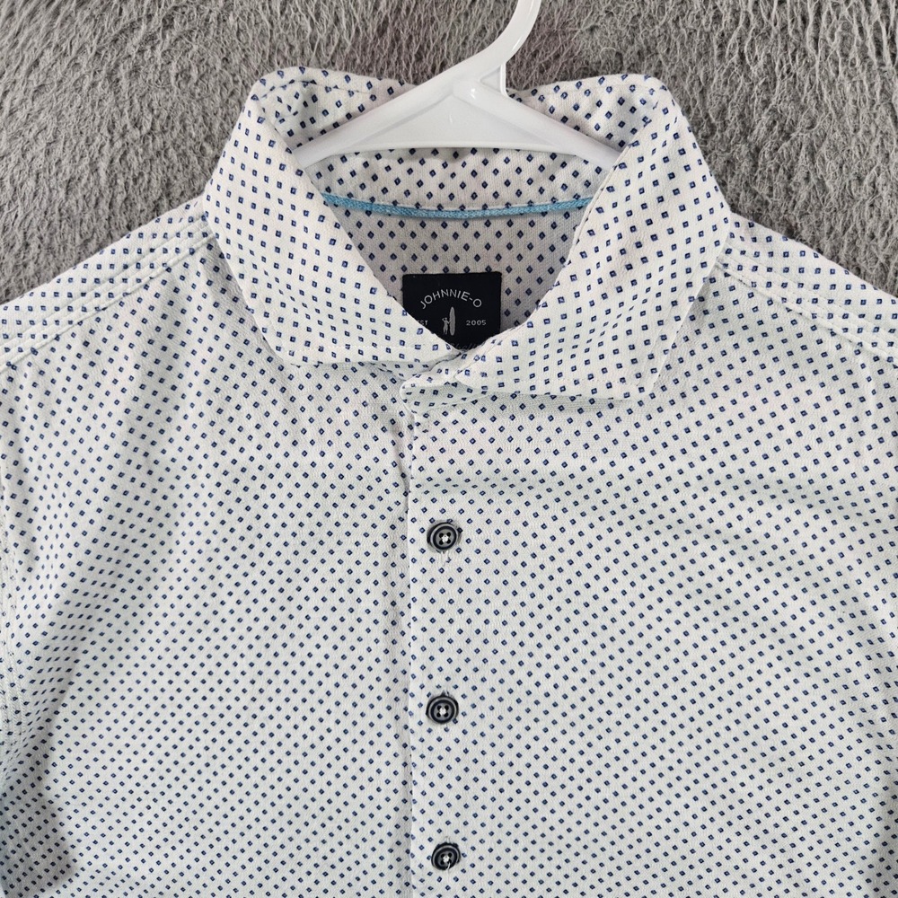 Johnnie-O Top Shelf Womens Small White Blue Diamond Print Short Sleeve Button Up
